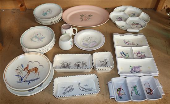Collection of Poole Pottery table wares, variously decorated fish, fruit, animals, flowers, etc.